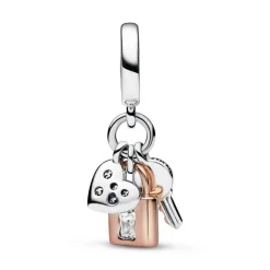 Charm Pendant Pandora 782506C01 - Triple Bimatière Cœur, Cadenas et Clef
