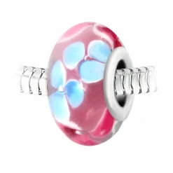 Charm perle rose fleurs verre décoré main et acier par SC Crystal BEA0018