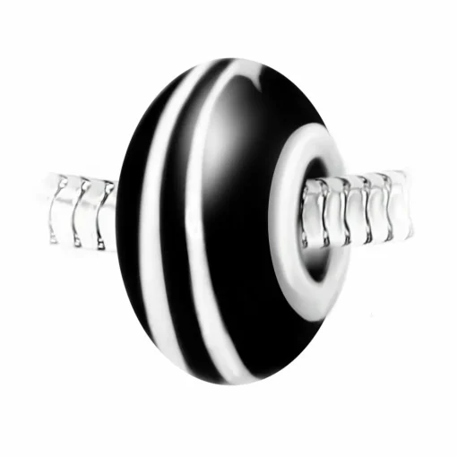 Charm perle spirale verre noir et blanc décoré main et acier par SC Crystal BEA0026