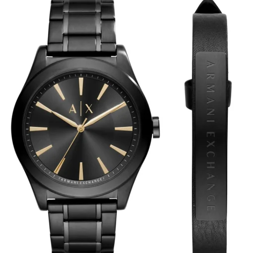 Coffret Montre Armani Exchange AX7102 - Bracelet en cuir noir et acier plaqué noir + Montre Bracelet Acier Noir Boitier Acier Noir Homme