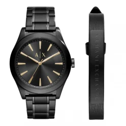 Coffret Montre Armani Exchange AX7102 - Bracelet en cuir noir et acier plaqué noir + Montre Bracelet Acier Noir Boitier Acier Noir Homme