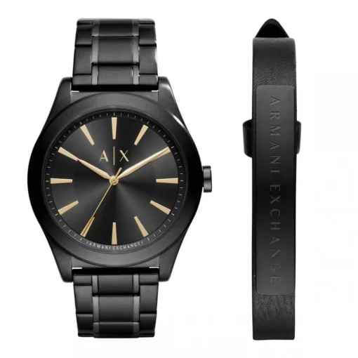 Coffret Montre Armani Exchange AX7102 - Bracelet en cuir noir et acier plaqué noir + Montre Bracelet Acier Noir Boitier Acier Noir Homme