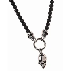 Collier et pendentif Redskins Bijoux 285508 - Homme en Perles Noires et Acier Têtes de Mort