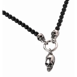 Collier et pendentif Redskins Bijoux 285508 - Homme en Perles Noires et Acier Têtes de Mort