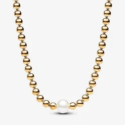 Collier femme métal doré à l'or fin avec perle et zircone Pandora Timeless