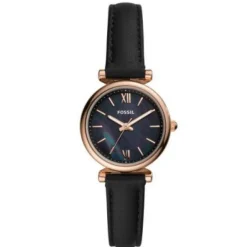 Montre Fossil ES4700 - CARLIE MINI Boîtier Acier Doré Rose Bracelet Cuir Noir Femme